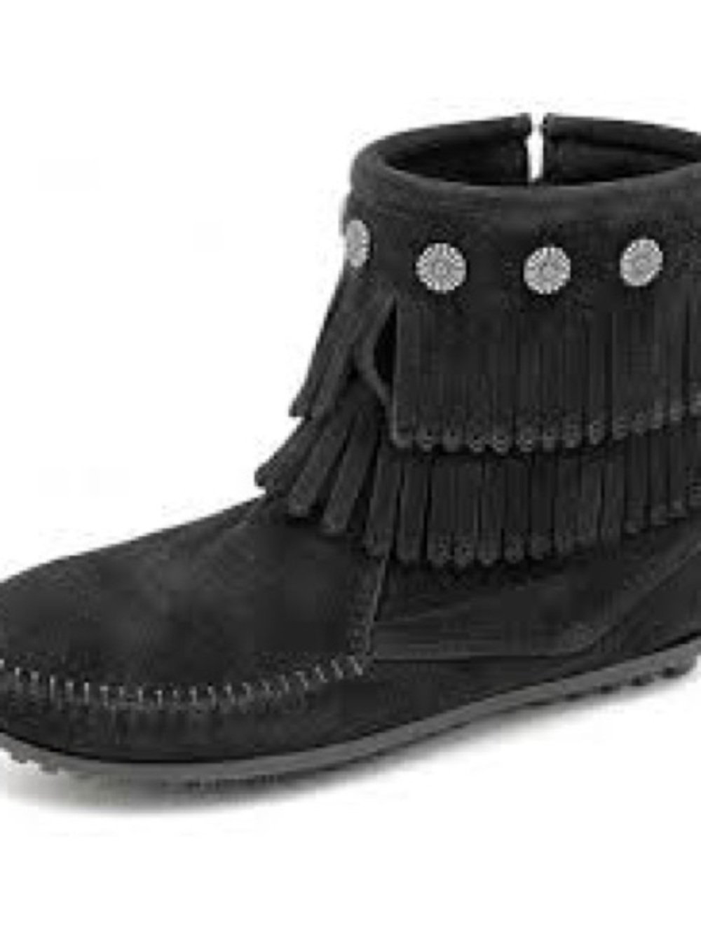 Minnetonka Black Suede Fringe Ankle Boots with Stud Accents